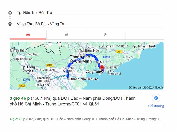 Khoảng cách từ Bến Tre đến Vũng Tàu là bao xa?